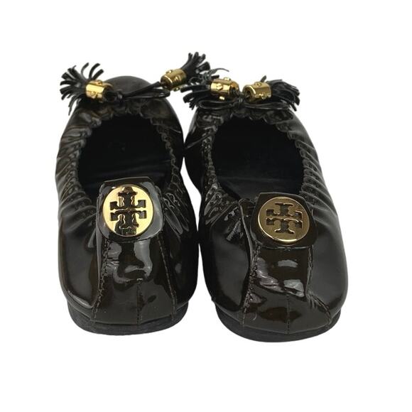 Tory Burch Reese Black Patent Tassels Slip On Casual Ballet Flat Shoes Size 8 - Picture 3 of 6